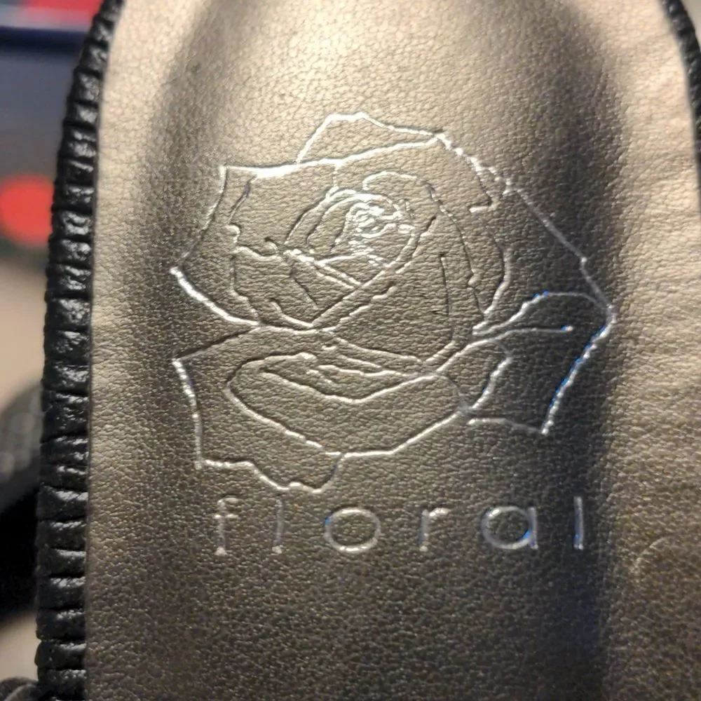 Floral black faux leather heeled sandals with rhinestone details‎ size 8.5 Wide